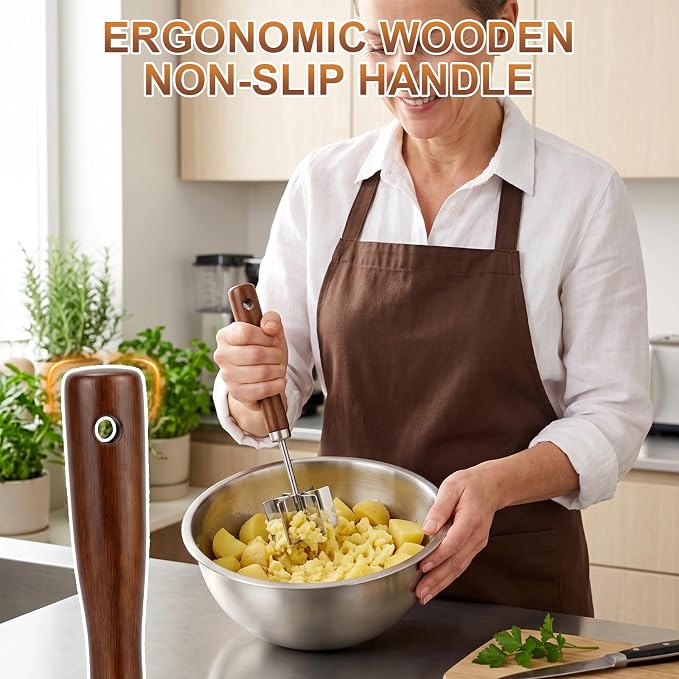 Stainless Steel Meat Chopper, 6 Curve Blades Beef Masher with Wooden Handle | 9.25 Inch Potato fruits Masher and tenderizes meat Hamburger Smasher, Mix and Chop Kitchen Tool for Taco Meat