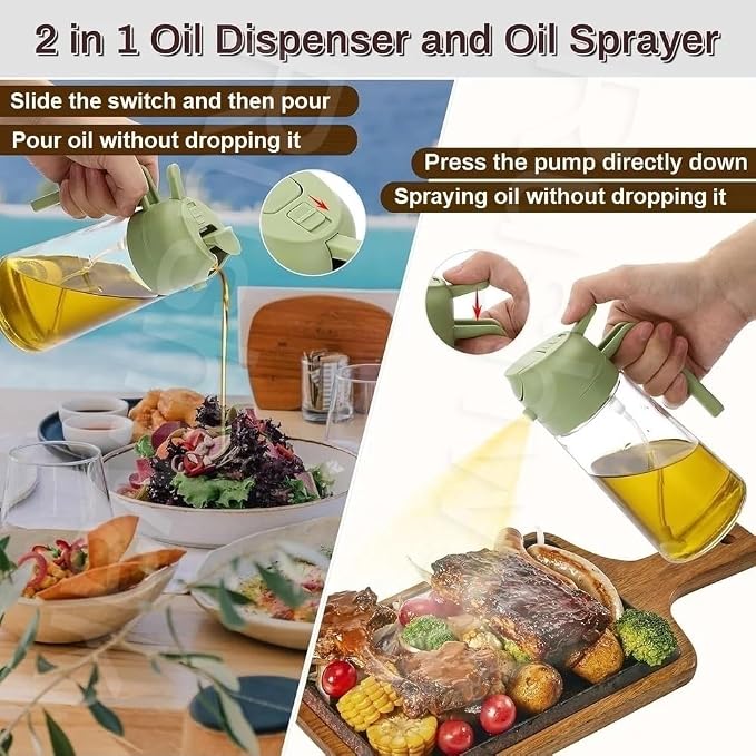 2 in 1 Oil Sprayer & Dispenser 500ml Glass Bottle for Cooking, Air Fryer, Salad, BBQ, Roasting