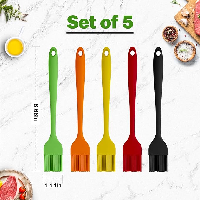 Craebuer Silicone Basting Pastry Brushes, 5 Pack Heat Resistant Cooking Brush for Oil Butter Sauce, Food Brush for BBQ Grill Barbeque Kitchen Baking Cooking