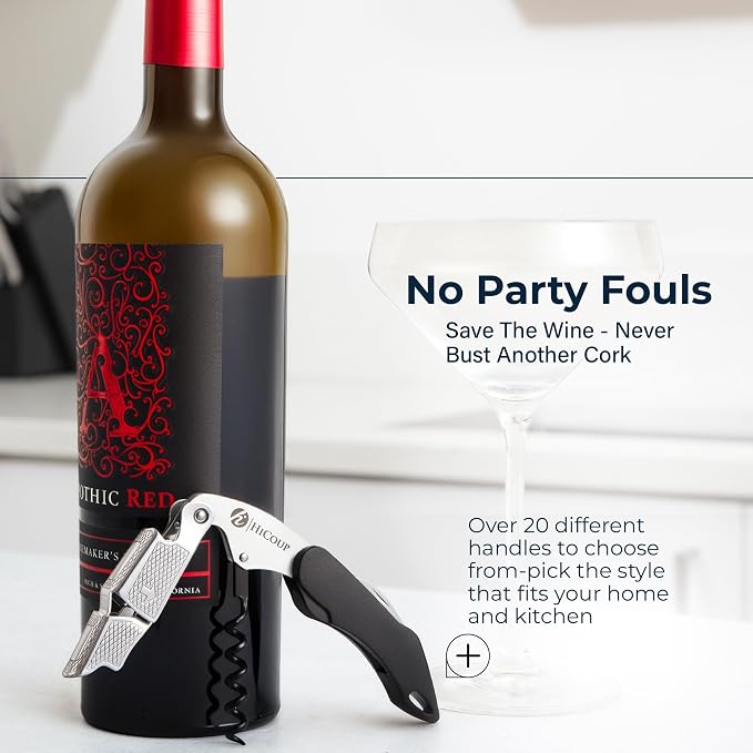 HiCoup Kitchenware Wine Opener - Professional Corkscrews for Wine Bottles w/Foil Cutter and Cap Remover - Manual Wine Key for Servers, Waiters, Bartenders and Home Use - Classic Black