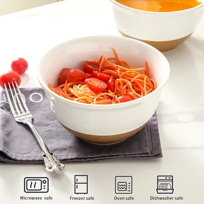 HASENSE Large Ceramic Soup Bowls Set of 4, 40 Oz 7 Inch White & Terracotta Stoneware Mixing Bowls, Farmhouse Bowls for Cereal, Salad, Pasta & Ramen, Dishwasher & Microwave Safe