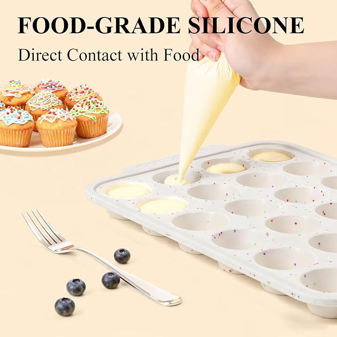 Vinino Silicone Mini Muffin Pan for Baking with Reinforced Frame, BPA Free | 24 Cup Mini Cupcake Pan with Non-Slip Handle, 2-Pack Nonstick Food Grade Silicone Muffin Tray for Oven, Dishwasher Safe