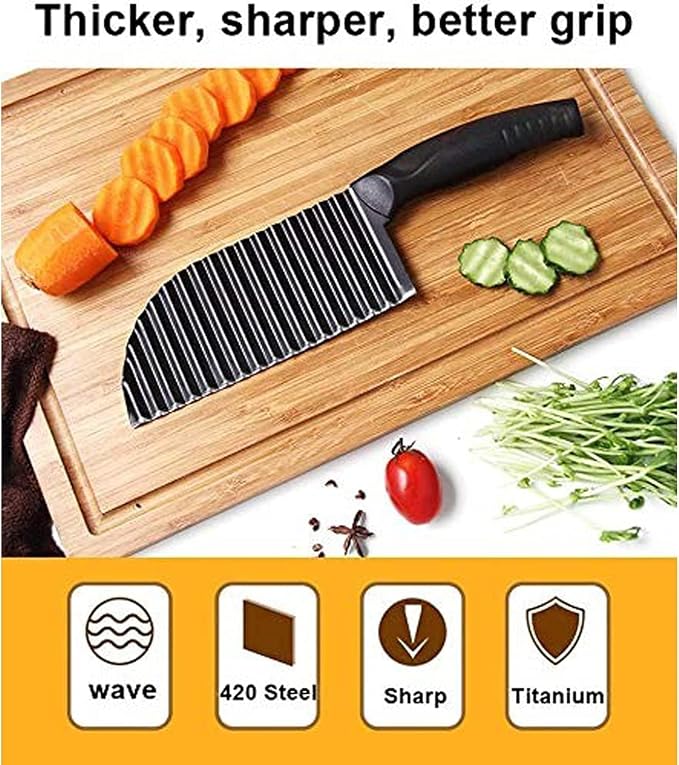 YukaBa Crinkle Potato Cutter 2.9" x 11.8" Stainless Steel Waves French Fries Slicer Handheld Chipper Chopper, Vegetable Salad Chopping Knife Home Kitchen Wavy Blade Cutting Tool, Black (1 Pack)