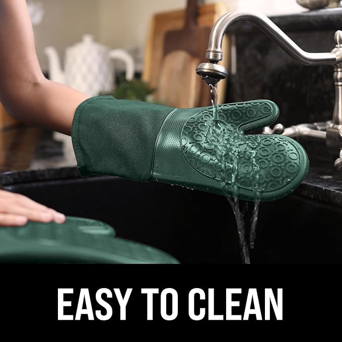 BPA-Free Silicone Oven Mitts Ultra Heat Resistant up to 500°F - Oven Mitts with Thick Cotton Liner - Long Slip Resistant Pot Holders, Flexible Oven Gloves - Green 13.7
