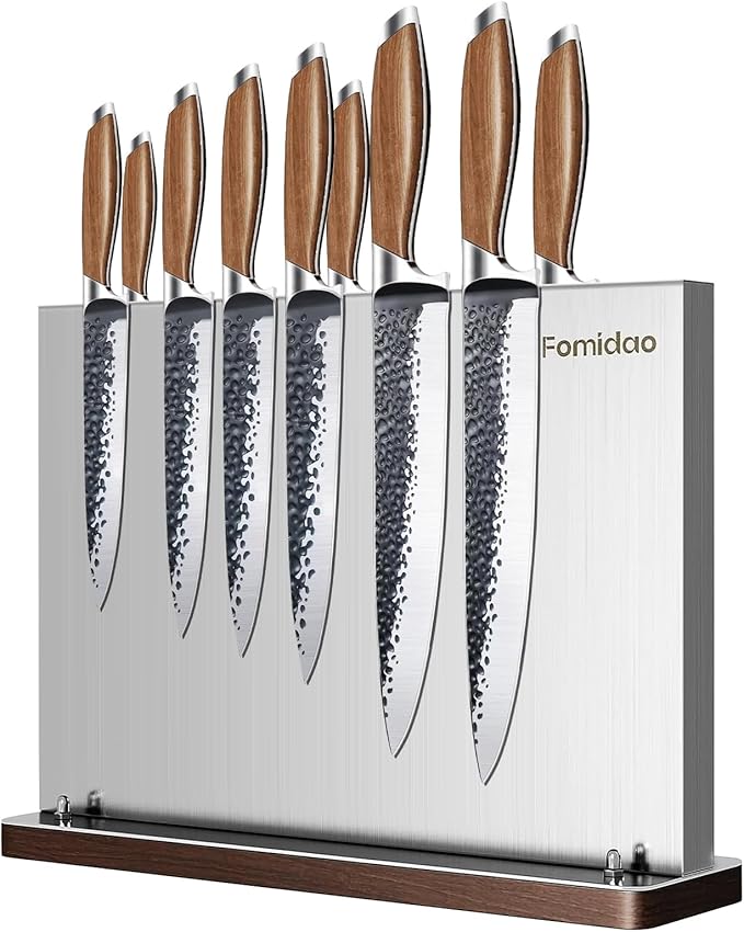 Magnetic Knife Block,Stainless Steel Magnetic Knife Holder Rack for Kitchen Counter,Strong Double Sided Magnet Knife Storage Stand with Wood Base