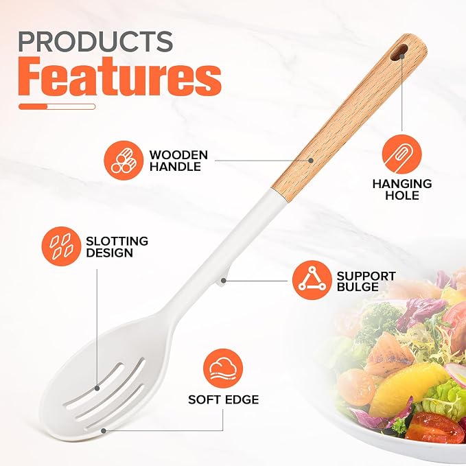 2 Pack Silicone Cooking Spoons, BPA Free, Wooden Handle Heat Resistant Solid & Slotted Spoons for Nonstick Cookware, Suitable for Scooping, Serving and Mixing (White) | BPA Free, Heat Resistant Kitchen Spoons, 13.9'' Length Nonstick Cookware for Cookin...
