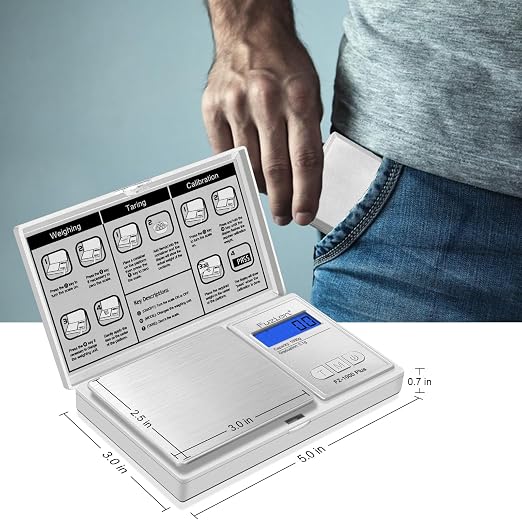 Fuzion Digital Pocket Gram Scale 0.1g/1000g - Small Kitchen Scale with Tray | Weighs Small Food, Spice, Herb, Coin - Easy of Use, LCD Display, Tare Function, 6 Modes Ounces Grains, Batteries Included