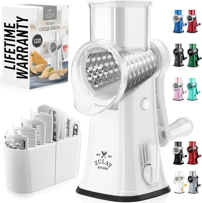 Zulay Kitchen Rotary Cheese Grater 5 Blade Cheese Shredder - Manual Hand Crank Cheese Grater With Reinforced Suction & 5 Interchangeable Drums - Easy to Use, Vegetable Chopper Round Mandoline Slicer