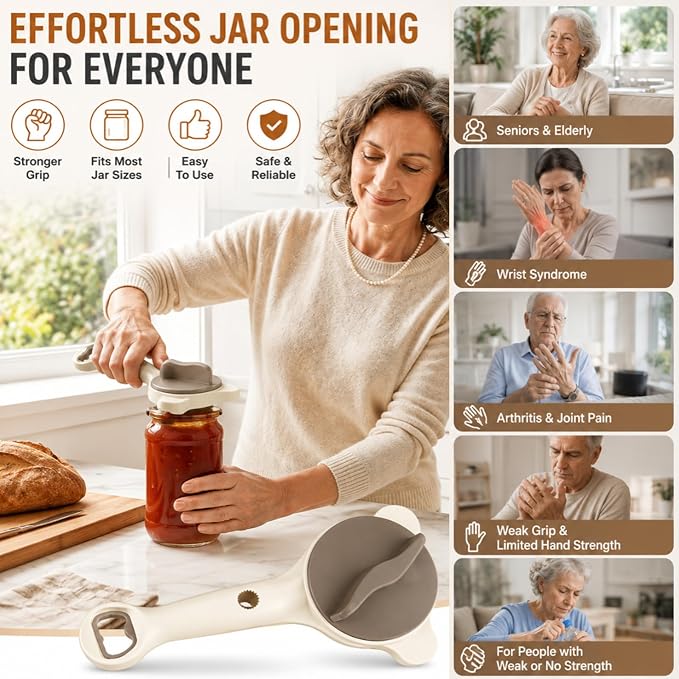 Jar Opener for Seniors with Arthritis & Weak Hands -Csailvoy-Bottle Opener | Stainless Steel 3-Claw Grip 4 in 1 Multi-Purpose Jar Opener, Adjustable 1-3.5 Inch for Jars & Bottle Caps, Open Tight Lids