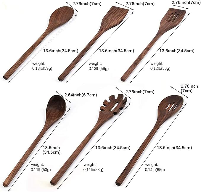 6 PCS Black Walnut Kitchen Utensils Set for Cooking, Natural Wooden Cooking Utensils,Wood Slotted Spoon Spatula Turner Set for Nonstick Cookware Pasta Fork Spaghetti Server Soup Ladle,A