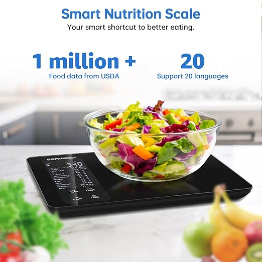 Smart Kitchen Food Scale, Nutrition App Tracks Calorie & Macros, 10kg/22lb | Powered by USDA Database; 30+ Nutrients in App; 12 Stats On-Screen; Visual Progress Charts; Dedicated Coffee Mode