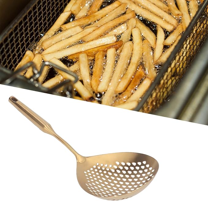 Slotted Spoon, Stainless Steel Strainer Ladle Cooking Deep Frying Metal Skimmer Spider with Long Handle Home Kitchen Cooking Colander Spoon(Gold)