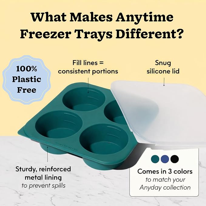 Anyday 1/2-Cup Silicone Freezer Tray with Silicone Lid for Food Storage, Rice, Stock, Leftovers | Plastic-Free Freezer Container | Soup Molds for Meal Prep Portions | 4 Oz / 125mL Freezing Tray