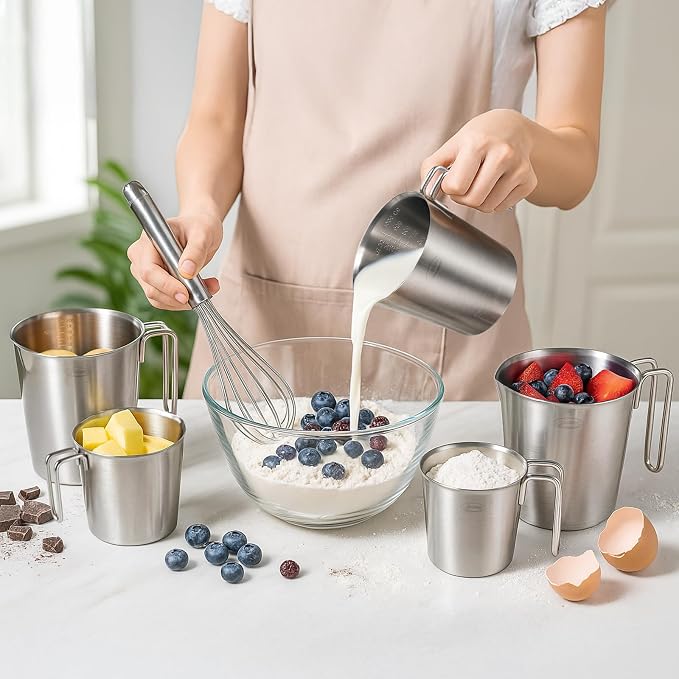Newness 3-Pack Stainless Steel Measuring Cups Set, Metal Measuring Cup | (3 Marking, Cup/ML/Oz Scale) (2, 3 & 4 Cup) Metal Measuring Cup with Handle For Prepping, Baking and Cooking, Dishwasher