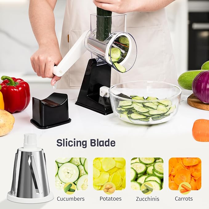 Rotary Cheese Grater, Upgraded Hand Crank Cheese Shredder with 3 Interchangeable Blades, Multi-purpose Kitchen Slicer Shredder for Cheese, Vegetable, Fruit, Nuts, Easy to Use & Clean, Black