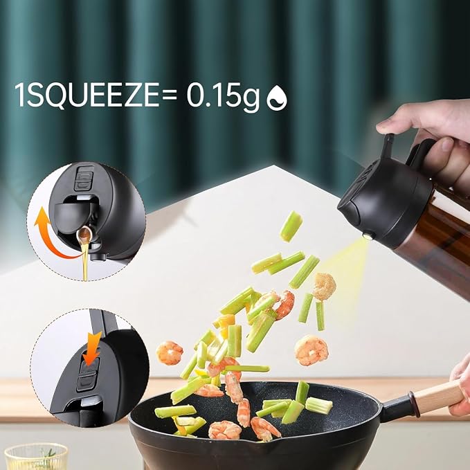 2 In 1 Oil Sprayer for Cooking, 16oz Olive Oil Dispenser Bottle for Kitchen with Light Blocking, Food-Grade Glass Oil Spray Pourer Mister for Air Fryer, Salad, BBQ (Dark Brown, 8 Labels Included)