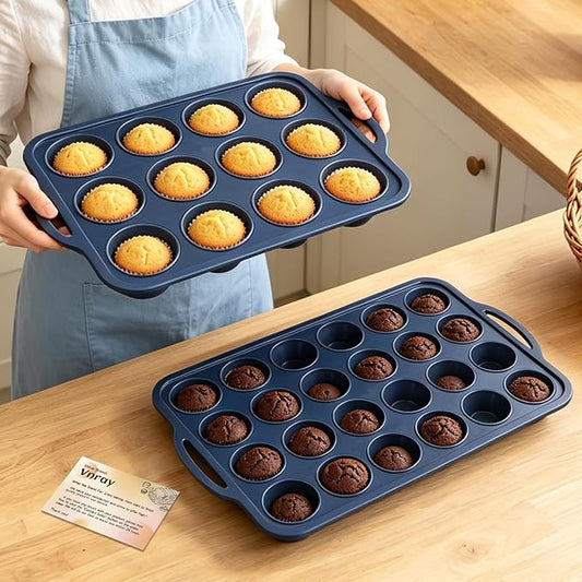 2 Pack Silicone Muffin Pan 12 and 24 Cup with Metal Frame,Non Stick Silicone Mini Cupcake Pan with Handles, BPA Free Silicon Regular Muffin Tin Tray Small for baking, egg bites, Mold Grey