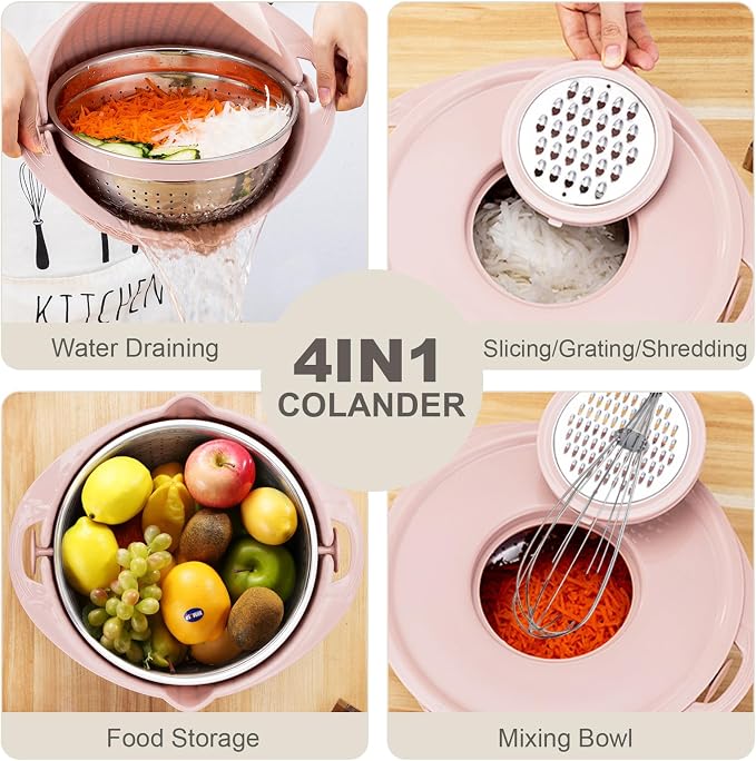 Colander with Mixing Bowl Set,Stainless Steel Colander, Food Strainers Colanders, Pasta Strainer, Rice Strainer, Fruit Cleaner, Veggie Wash, Salad Spinner, Strainers for Kitchen, Apartment(Pink)