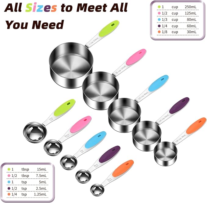 10-Piece Measuring Cups and Spoons Set, 304 Stainless Steel with Color-Coded Handles, Engraved Markings Never Fade, Plastic Free, Dishwasher Safe, Includes 1/8 Cup & 1/4 Tsp