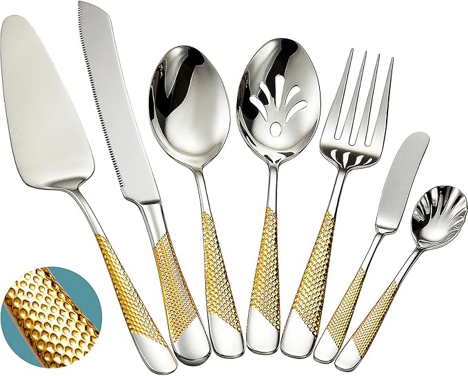 Xideman® 7-Piece Hammered 18/10 Stainless Steel Silverware Serving Utensil Set - Hostess Flatware with Cake Knife & Cake Server (Silver Gold)