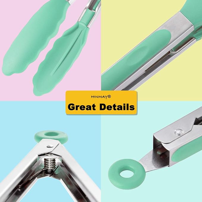 HINMAY 9" Kitchen Cooking Tongs with Silicone Tips, Set of 3 (Mint)