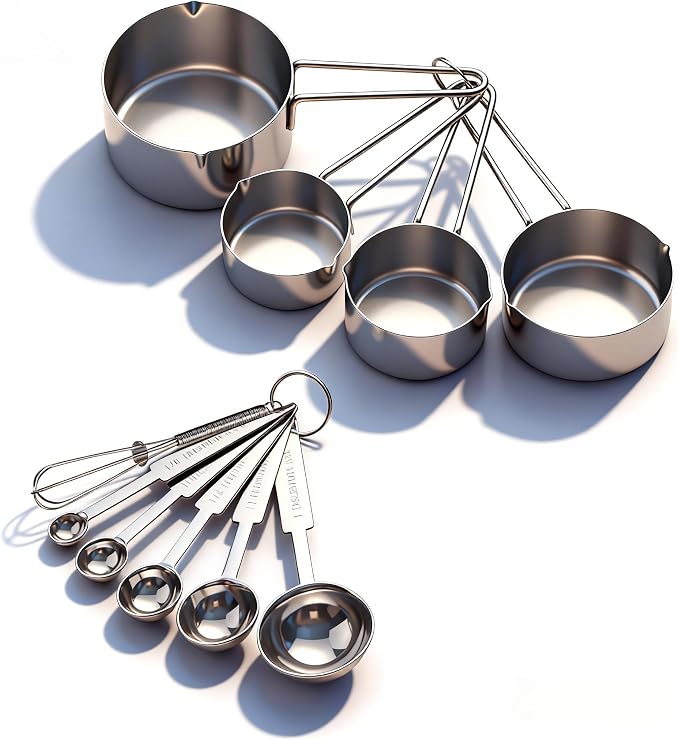 10 Pieces Measuring Cups and Spoons Set, Measuring Cups for Cooking | Stainless Steel,Gifts for Women Mom Cooking Lovers-4 Cups 5 Spoons 1 whisk with Strengthened Weld Joints