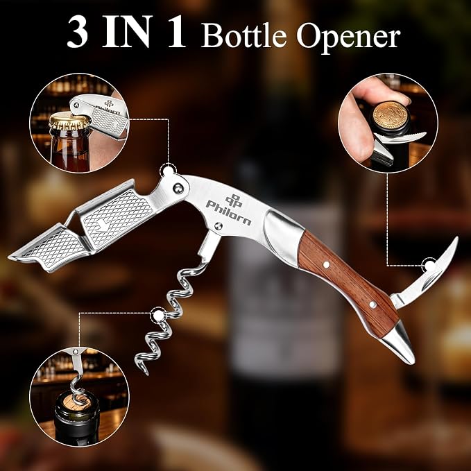 Philorn Wine Opener-Professional Corkscrew Wine Opener with Foil Cutter & Cap Remover, Manual Wine Key for Servers, Bartenders, Waiters & Home Use, Rosewood Handle Wine Bottle Opener