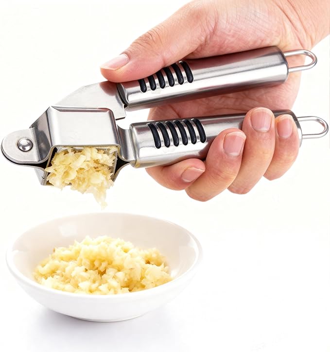 MANJIA Garlic Press and Peel Set Stainless Steel- Rust Proof Garlic Mincer Tool - Easy-Squeeze, Easy-Clean Silicone Garlic Peeler & Brush (Black)