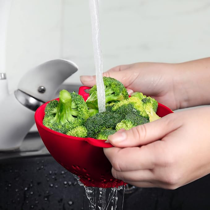 Meadow Lane 6-inch Small Colander, BPA-Free, Dishwasher Safe, Double Handles, Compact Food Strainer for Berries, Veggies and Pasta, 3-Cup Capacity, Red and Blue, 2-Pack