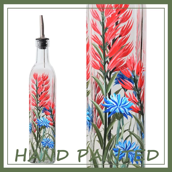 17oz Hand Painted Glass Olive Oil Bottle - 500ml Green Oil & Vinegar Cruet with Pourers - Olive Oil Carafe Decanter for Kitchen (Red and blue flower)
