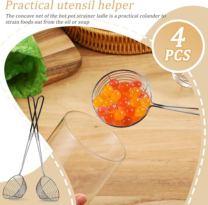 Geiserailie 4 Pieces Hot Pot Kit Strainer Scoops Stainless Steel 2.5 Inch Mini Spider Strainer Skimmer Pasta Mesh Spoon Asian Skimmer Spoon Ladle with Handle for Home (Black)