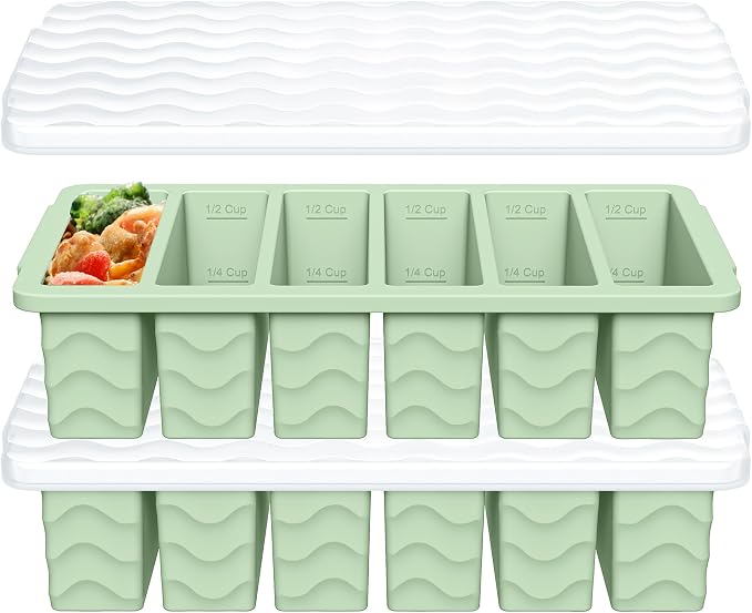 1/2 Cup Silicone Freezer Molds with Lid, 2-Pack Silicone Freezer Trays for Soup, Sauce & Broth – Meal Prep Containers, Large Ice Cube Tray, Oven & Dishwasher Safe