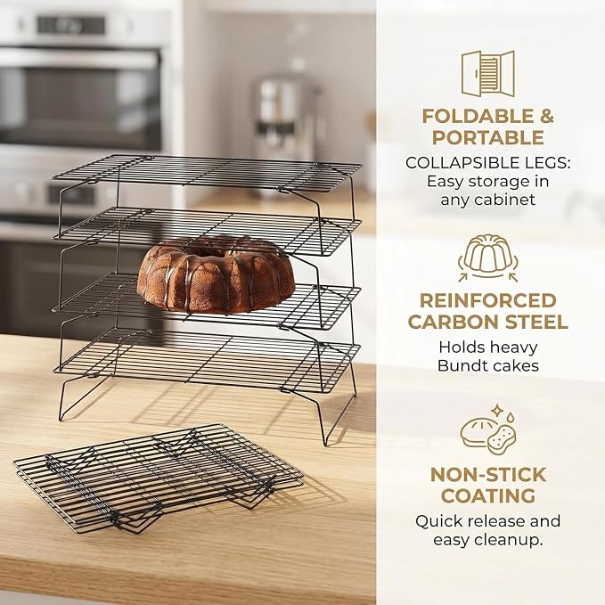 Collapsible Cooling Rack, Stainless Steel Rack for Cookie Baking (4-TIER) | X-Shaped Structure Wire Cooling Rack for Baking, Cookies, Cake, Fruit, Bread,Roasting, Grilling, Drying Rack, Dishwasher Safe