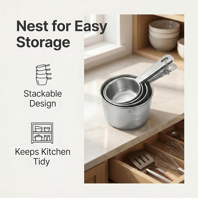 Stainless Steel Measuring Cups Set of 4, Nesting Metal Cups, Marked Handles | Includes 1/4, 1/3, 1/2 and 1 Cup; Stamped 1-Cup Interior Marks for Dry Ingredients, Flour, Sugar, Oats, Rice and Baking
