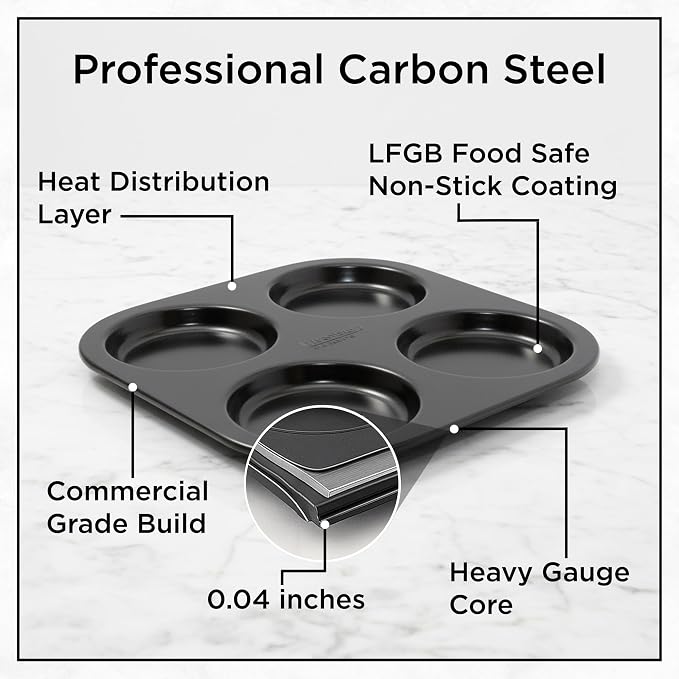 Wrenbury Jumbo Whoopie Pie Pan 4 Cup - Large Muffin Top Pan Heavy Gauge Shallow Carbon Steel Baking Tray for Burger Buns Yorkshire Pudding Cornbread - PFOA Free Nonstick