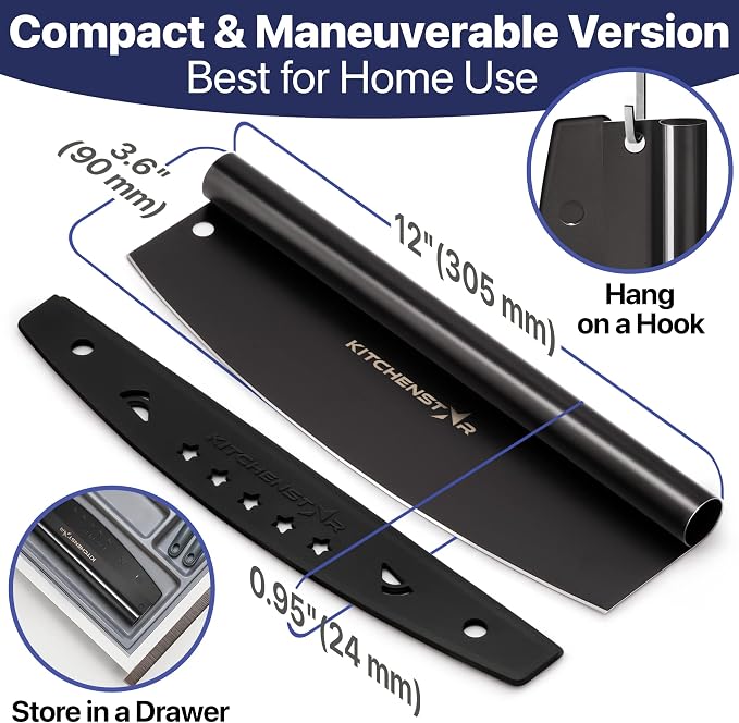 12-Inch Pizza Cutter Rocker Blade, 304 Stainless Steel Slicer Knife, Black | Protective cover included, one-piece design, food-grade stainless steel, suitable for small pizzas