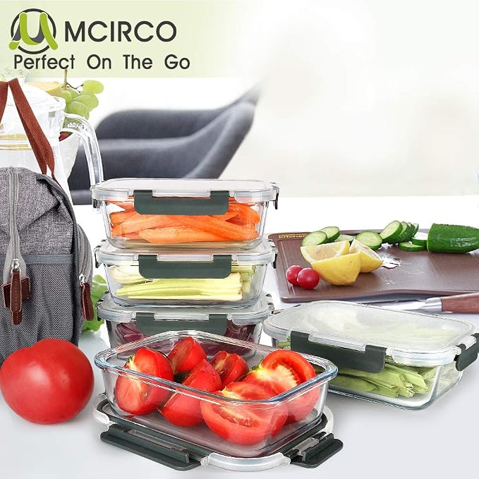 M MCIRCO 5 Pack 36 oz Glass Food Storage Containers with Lids,4.5 Cups,Gray | Glass Meal Prep Containers,Airtight Lunch Containers with Lids, Microwave, Oven, Freezer and Dishwasher Friendly, BPA Free