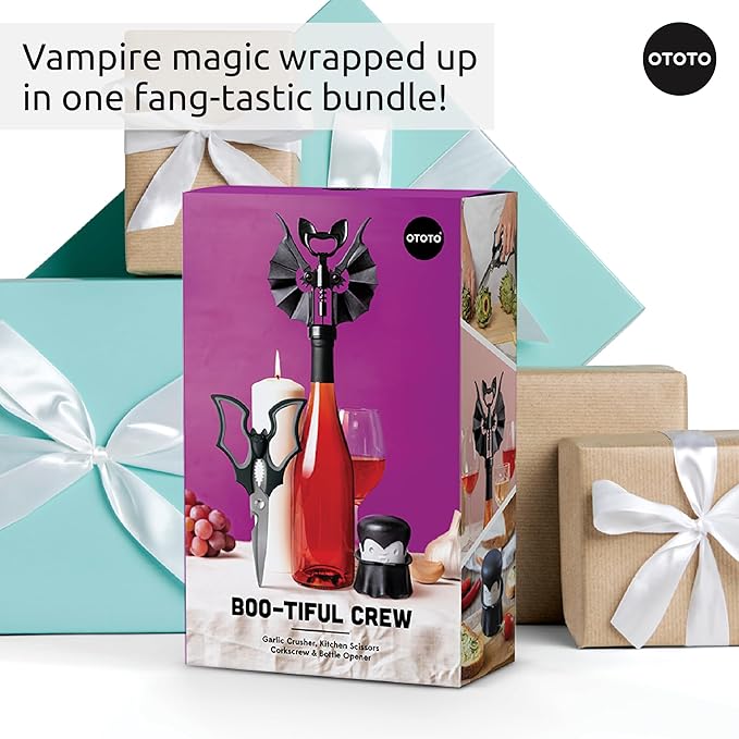 Boo-tiful Crew Bundle of Elizabat, Vino, Gracula - Halloween Kitchen Decor Goth Accessories, Cool Kitchen Gadgets, Bat Scissors, Spooky, Witchy Bottle Opener, Garlic Crusher, Spooky Funny Gifts