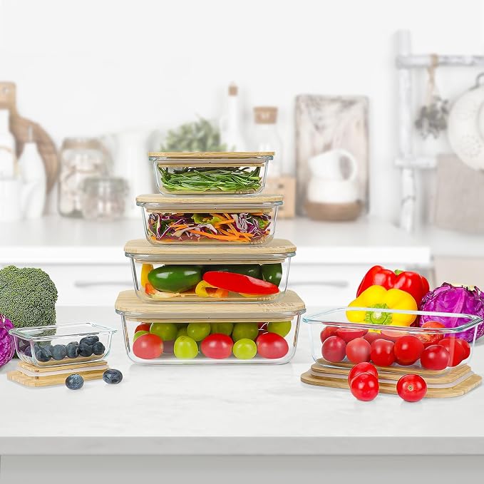 Glass Containers with Bamboo Lids, Meal Prep Glass Food storage Container Set, 5 Pack, Pantry & Kitchen Organizer, Microwave, Oven, Freezer Safe
