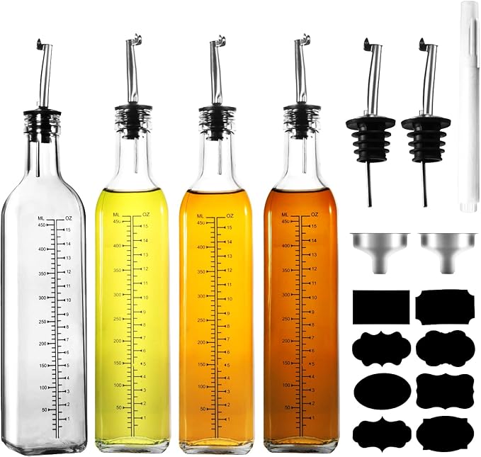 WERTIOO Oil Bottles for Kitchen 4 Pack, 17oz Glass Bottles With Scale | Olive Oil Dispenser Bottle, Glass Oil Dispenser for Kitchen, with 6 Plastic Pourer, 2 Stainless Steel Funnel, Pen and Label