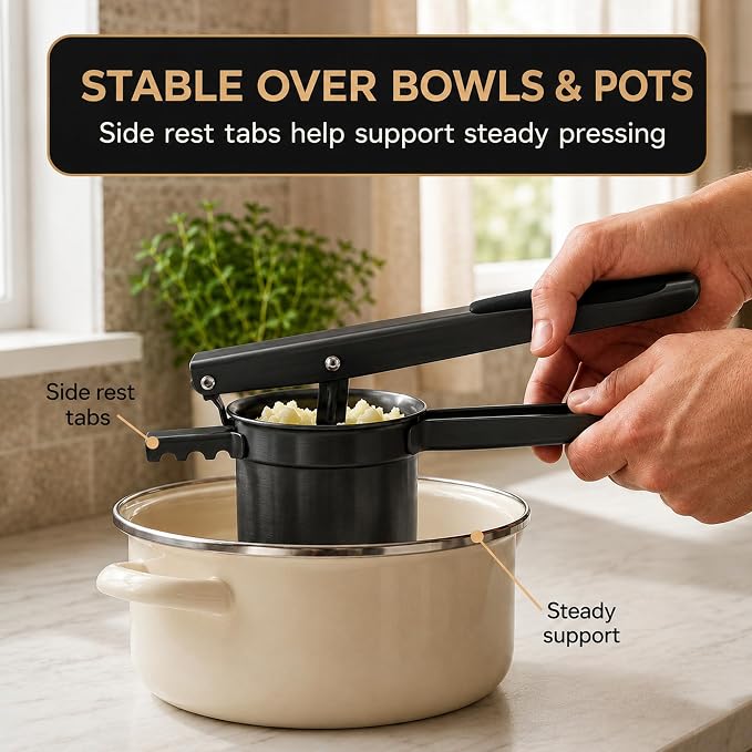 Potato Ricer Stainless Steel (15 oz, Black) - Heavy Duty Potato Masher with 3 Interchangeable Discs & Peeler - Easy Mashed Potatoes Kitchen Tool by Kovilo