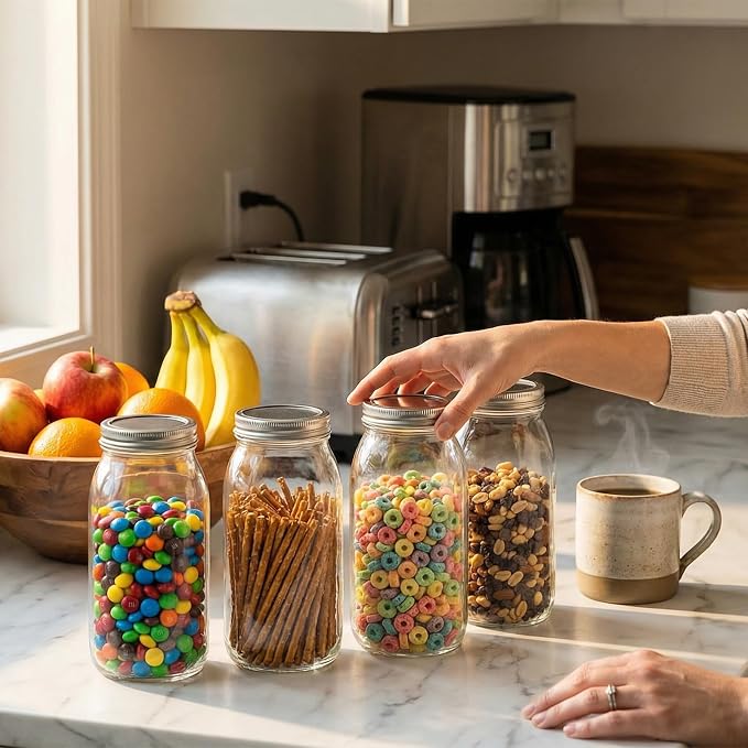 novelinks 64 oz Large Plastic Mason Jars with Airtight Lids Wide Mouth | 2 Pack, Silver, Storage Jars with Airtight Lids, Mason Jars 64oz, Big Jars Wide Mouth, Plastic Storage Containers for Pantry