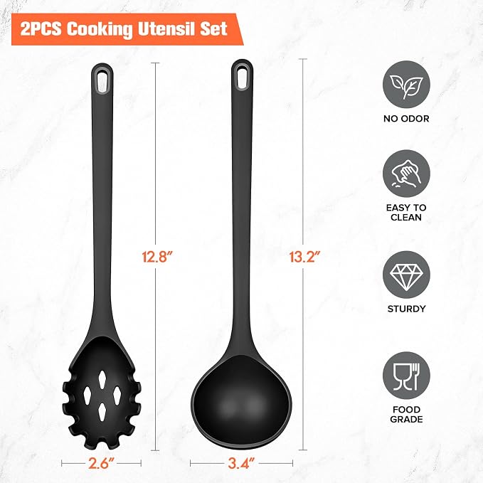 Silicone Spaghetti Spoon&Soup Ladle Cooking Utensils Set of 2,No Scratch for Nonstick Cookware,BPA Free, 450℉ Heat Resistant (BLACK)