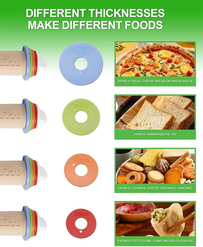 16.7" Rolling Pin with Adjustable Thickness Rings, Wooden Dough Roller, Rolling Pins for Baking, Fondant, Pizza, Pie Crust, Cookie, Pastry, Roller Rod for Dough Thickness, 2-Piece Set