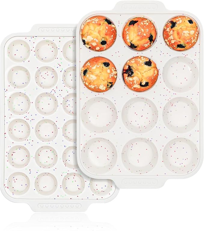 Vinino 12 Cup and 24 Cup Silicone Muffin Pans with Reinforced Frame, Cream | Silicone Muffin Pans Set for Baking with Non-Slip Handle, Nonstick Muffin Tray for Oven, BPA Free, Dishwasher Safe-Cream