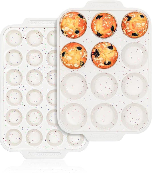 Vinino 12 Cup and 24 Cup Silicone Muffin Pans with Reinforced Frame, Cream | Silicone Muffin Pans Set for Baking with Non-Slip Handle, Nonstick Muffin Tray for Oven, BPA Free, Dishwasher Safe-Cream