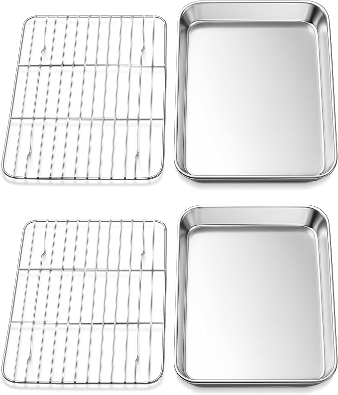 Homikit Mini Baking Sheet with Wire Rack for Toaster Oven (2 Pans+2 Racks) | 9x7 Inch Stainless Steel Baking Sheets with Cooling Racks Set, Small Cookie Pans Nonstick, Metal Bacon Tray, Dishwasher Safe