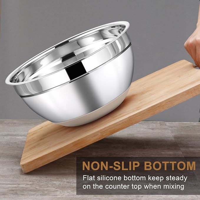 LIANYU 6 Piece Mixing Bowls Set with Airtight Lids, Metal Nesting Bowl | Size 7, 3.5, 2.5, 2, 1.5, 1QT, Stainless Steel Bowls for Kitchen Baking Cooking Serving Food Storage, Non-slip Bottom, Khaki