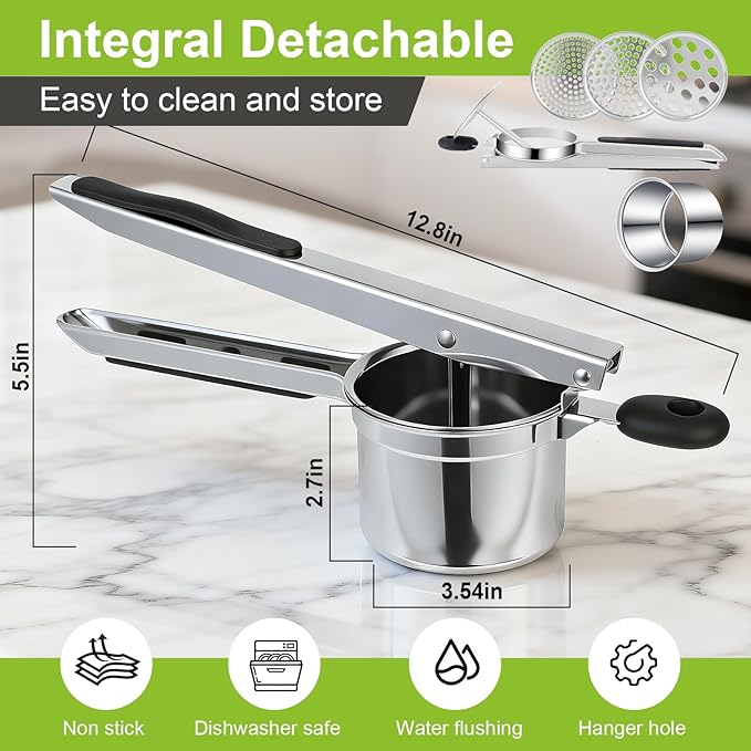 Potato Ricer Stainless Steel, Heavy Duty Potato Masher with Ergonomic Handle, Large 3 Interchangeable Discs Ricer for Mashed Potatoes Dishwasher Safe, Efficiently Make Fluffy Smooth Mashed Potatoes