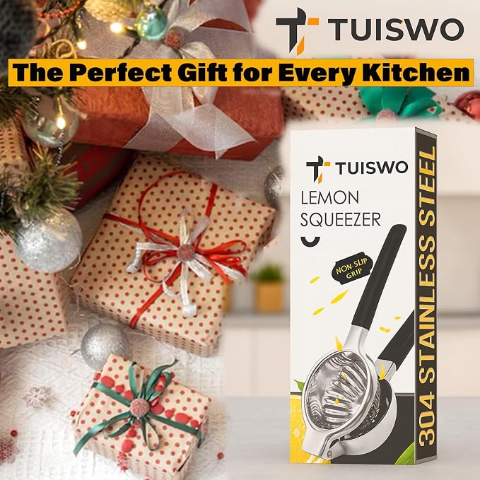 Lemon Squeezer Stainless Steel - Manual Citrus Juicer Large, Metal Lime Squeezer Hand Press, Orange Juice Extractor with Non-Slip Grip, Dishwasher Safe - TUISWO (Silver/Black)